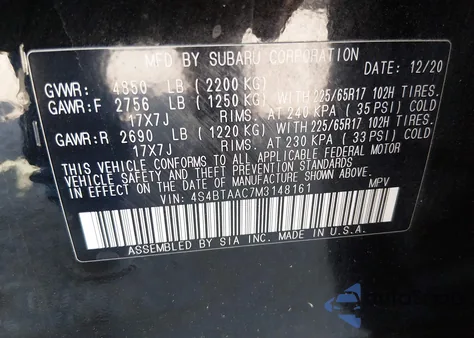 2021 Subaru Outback z USA, uszkodzony, nr VIN 4S4BTAAC7M3148161